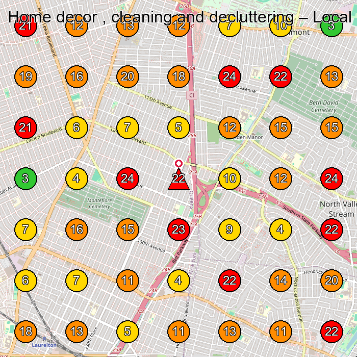 Home decor , cleaning and decluttering House Cleaning Service GeoGrid ranking map for Queens NY